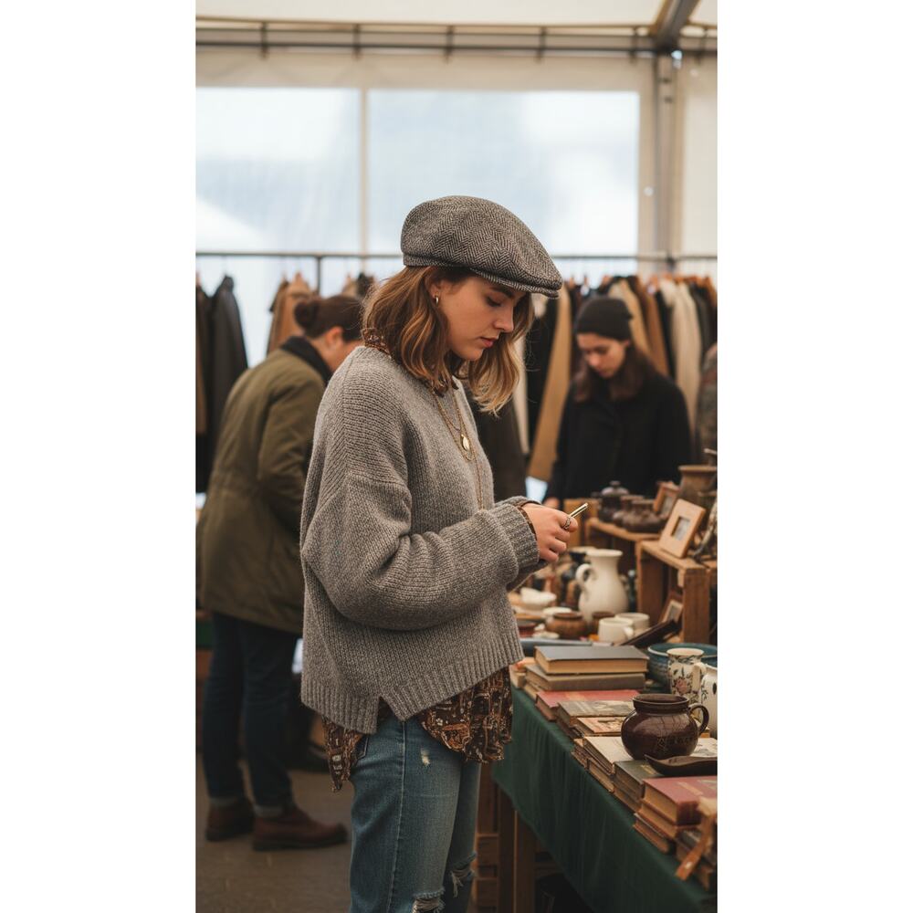 Vintage Wool Herringbone Flat Newsboy Cap | Unizex Cozy Market Day Tweed Edit